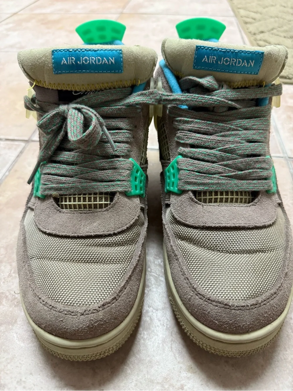 Jordan 4 union Sneakers in Taupe with Teal and Blue Accents